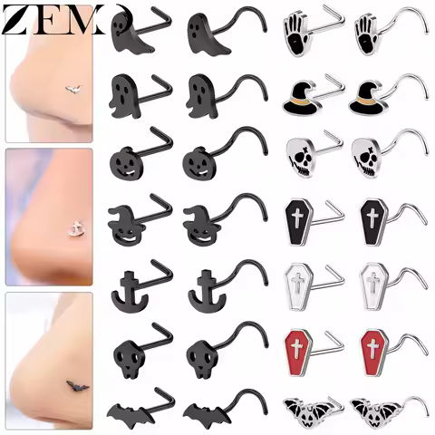 ZEMO 1 Piece 20G Halloween Lovely Stainless Steel Nose Studs Women Men Nose Rings L/S Shape Ghost Pu