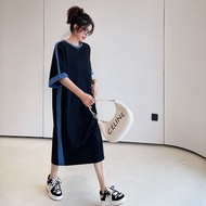 【Plus Size】(40-150kg) Korean Style Oversize Short Sleeve Contrast Color Splicing Plain T-shirt Dress