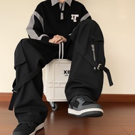 Preppy Style Solid Color Zipper Pockets Mens Elastic High Waisted Retro Spring Autumn Trousers Cargo