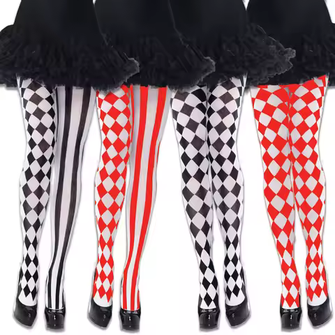 Halloween Clown Socks Women's Harlequin Designed Opaque Full Footed Pantyhose Plaid Striped Pattern 