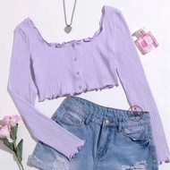 Sylvia Plus size Korean Long Sleeve Button Front Lettuce Crop Top 31095