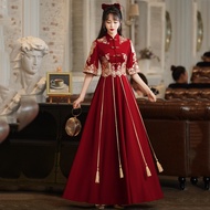 S-5XL Cheongsam Plus Size Long Dress Dinner Elegant Banquet Noble Gown Woman Baju Kurung Gold Silk Embroidery 旗袍 Chinese Bridal Dress Red Luxury Gowns 7XL 8XL 9XL