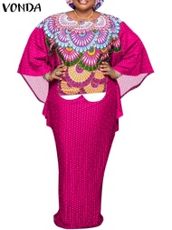 VONDA ชุดเดรสผู้หญิง2025ชุดเดรสพิมพ์ลายโบฮีเมียนชุดเดรสแมกซี่ทรงหลวมแขนยาวขนาดใหญ่ลำลอง