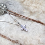 日本中古紫色十字架水晶鋯石純銀頸鍊項鍊 高級二手古著珠寶首飾