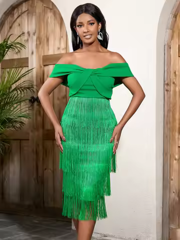 Green Tassel Dresses for Ladies Off Shoulder Tube Top Empire Evening Cocktal Club Party Gowns Large