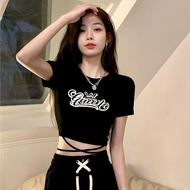 ✨20,00 Praise Pure Desire Laced-Up Short-Sleeved T-Shirt Summer Hot Girl Slim-Fit Slimmer Look Niche