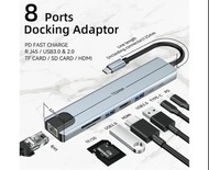 8 合 1 鋁合金多端口 Type C 轉 RJ45 USB 3.0 + SD、TF 卡 + 音頻端口 + USB-C 集線器電纜適配器  1519ckp bawckp 8 In 1 Aluminum