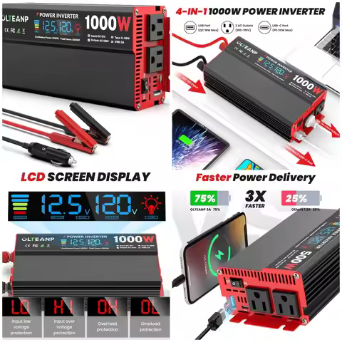 1000W 12V to 110V AC Inverter with LCD, 2 AC Outlets, USB & Type-C Ports for Car, Truck, Home