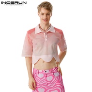 INCERUN Men Vintage Short Sleeves Pink Color Gradient Cut-Off Lapel Polo Shirts