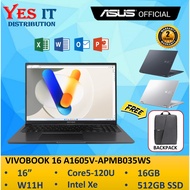 ASUS VIVOBOOK 16 A1605V-APMB035WS / A1605V-APMB036WS LAPTOP (CORE 5-120U 16GD4 512SSD / 16" IPS WUXG