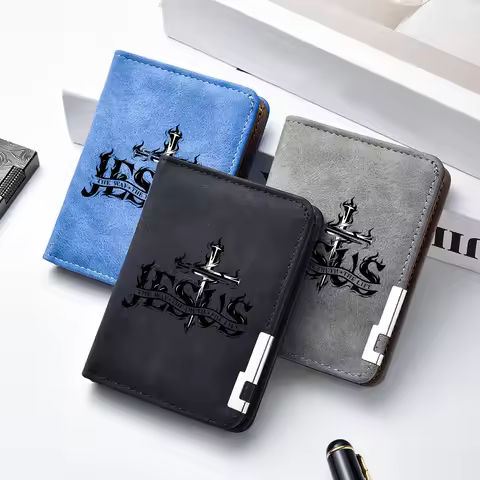 Men's Mini Ultra-Thin Short Wallet Jesus Cross Print Suede PU Leather Credit Card Holder Portable Bi