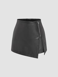 Cider Faux Leather Middle Waist Solid Zipper Skort