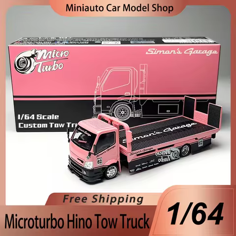 New In Stock Microturbo 1:64 Hino 300 Pink Custom Tow Truck Alloy Miniature Diecast Car Model Flatbe