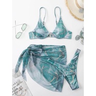 Bikini Swimsuit Three Piece Swimwear 3pcs Marble Texture Women Outer Transparent Fashion Bikini