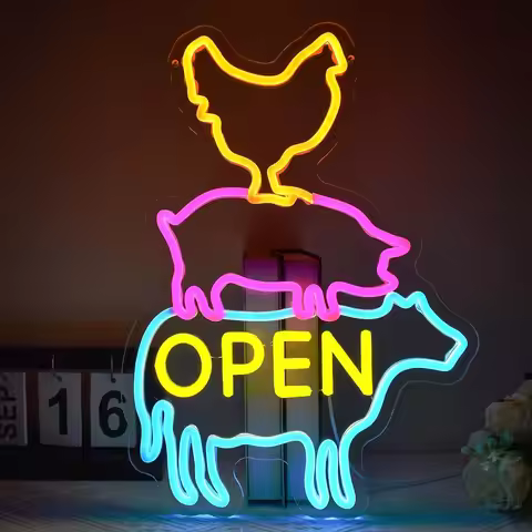 Farm Open Neon Sign Chicken Pig Cow LED Neon Light for Coop Supermarket Animal Meat Ket Fast Food Fa