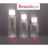 READY STOCK  50ml,75ml&100ml Clear PET Plastic Bottle Flip cap White Empty Cosmetic Containers, Clea