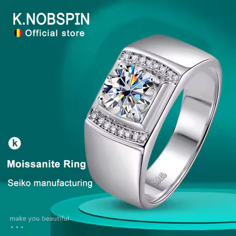 KNOBSPIN 1ct D Color Moissanite Rings for Men Luxury Original Solid 925 Sterling Sliver Lab Diamond 