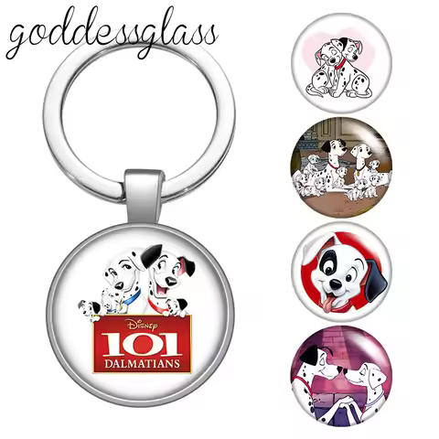 Disney 101 Dalmatians Cute dogs family glass cabochon keychain Bag Car key chain Ring Holder Charms 