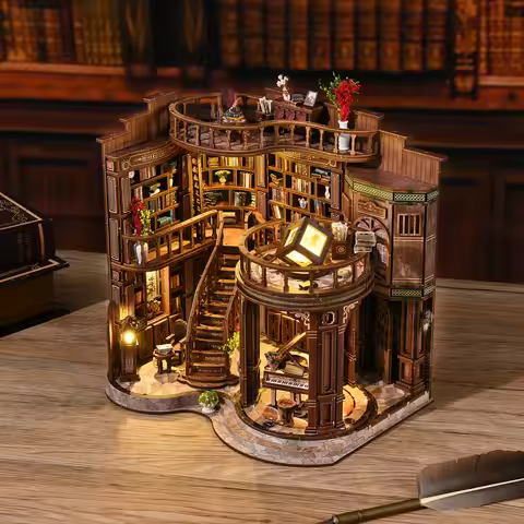 OUZEY Retro Dreamy Book Hall 3D Wooden House Figurines Miniatures Kits DIY Creative Handmade Bookshe