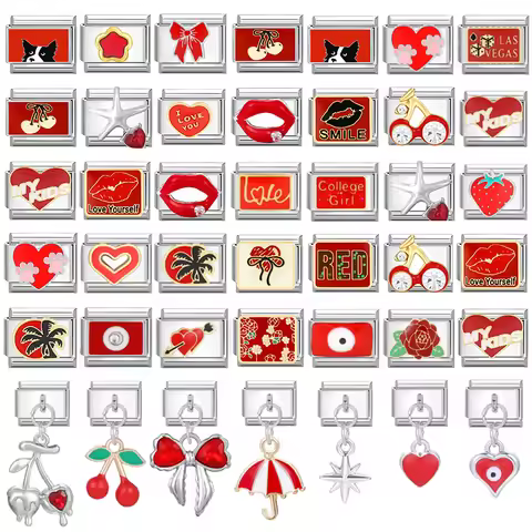 Grils Red Heart Cherry Bowknot Flower Eyes Kiss Italian Charm Links Stainless Steel Fit 9mm Bracelet