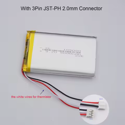 3.7V 5000mAh 18.5Wh 105080 3 Wires Thermistor Li-Polymer Li Battery JST 3Pin 2.0mm For DashCam GPS i