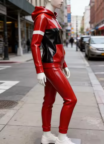 Glossy Latex Catsuit Tracksuit Set – Two-Tone Hoodie & Joggers for Streetwear & Club Night