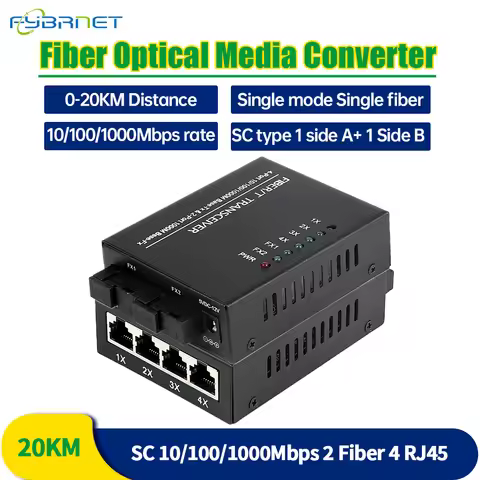 1 Pcs Gigabit 2 Fiber Ports 4 RJ45 Port fiber media Converter 1310nm/1550nm Single Mode simplex 20km