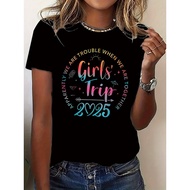Women's Casual Short Sleeve T-Shirt - " Trip 2025" Graphic Print with Friendship Quotes, Black Geome