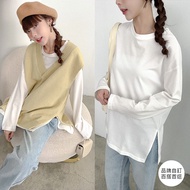[HARPER] Brand Customized Round Neck Side Split Cotton Top M~L 3 Colors | Ready Stock Long Sleeve To