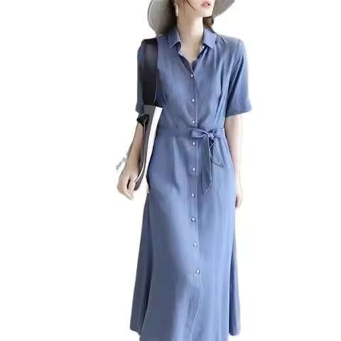 Female Belt Comfortable Short Sleeve Denim Dress Thin Dress 2026 Women Summer New Mid-Length Denim S