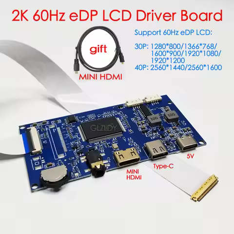 mini HDMI to EDP 30Pin/40Pin IPS Screen 60Hz LCD Driver Controller Board Monitor laptop TYPE-C 1366*