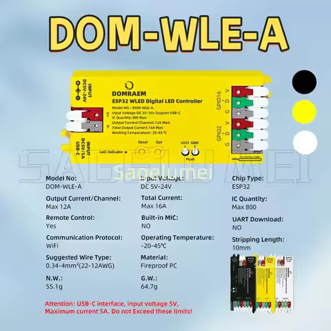 DOMRAEM ESP32 WLED USB-C Addressable LED Controller 0.5W Standby for WS2811/2814/2805 DIY Projects M