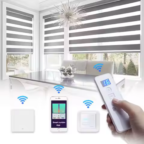 Blackout Motorized Zebra roller Blind Double Layer indoor horizontal automatic battery powered smart