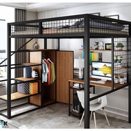 Wrought Iron Elevated Loft Bed Upper Bed Lower Table Wardrobe Staircase Katil Loteng Tangga Almari (