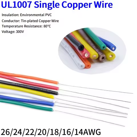 2/10M Solid Copper Wire Single Core 26 24 22 20 18 16 14 AWG PVC Insulation Tinned Plating Wires Equ