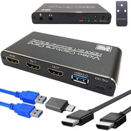 4K 60fps HDMI 2 in 1 Out to USB3.0 Game Video Capture Card with Microphone Input, Audio Output, Reco