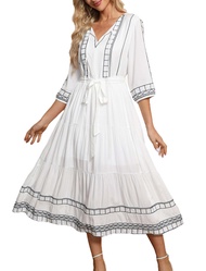 Boho Embroidered Floral Dress European Ethnic Style 3/4 Sleeve V Neck Midi Dresses for Women Spring