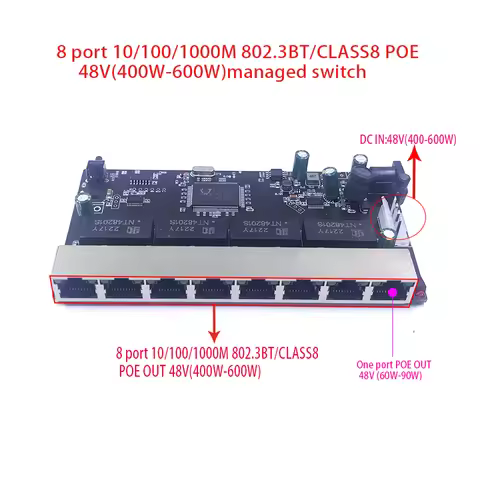 8-port 10/100/1000M POE 48V(400W-600W) 802.3BT/ class8 managed switch PCB module