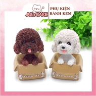 Dog sitting in a basket to decorate a cake, Dog decorates a birthday cake