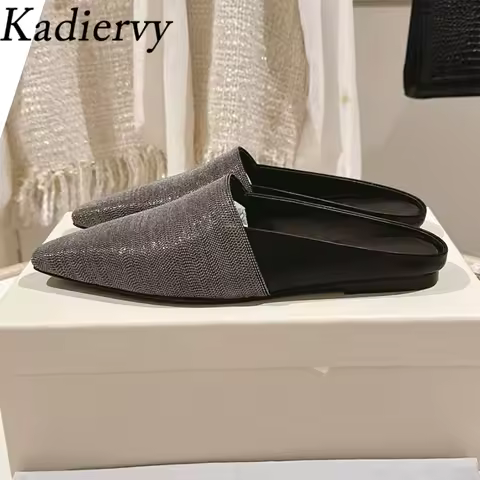2025 New Slippers Woman Small Square Toe String Bead Slides Suede Leather Mules Shoes Woman Cosy Fla