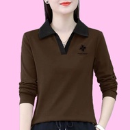 [032m-4XL/4 Colors] Fashionable Polo Shirt Versatile Long-Sleeved T-Shirt Women Middle-Aged Mother C