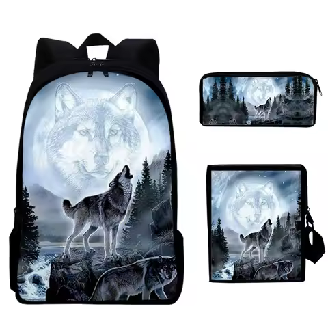 3pcs/Set Backpack Harajuku Moon Wolf 3D Print School Student Bookbag Anime Laptop Daypack Lunch Bag 