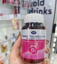 Boots Marine Collagen + Q10 Cung cấp peptide collagen cá và coenzyme Q10 cộng với chiết xuất cúc vạn