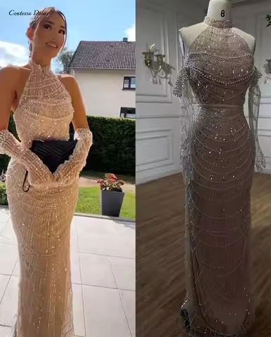 Contessa Custom glam beaded halter neck evening dress illusion tulle pearl off shoulder sleeves shea