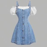 Women's Denim Mini Dress, Casual Fitted Patchwork,Summer Outfits For Women,Summer Dresses For Women,