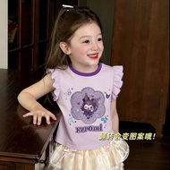 Kuromi girls' flutter-sleeve short-sleeve top kuromi Sequin color-changing children's toy t Shirt