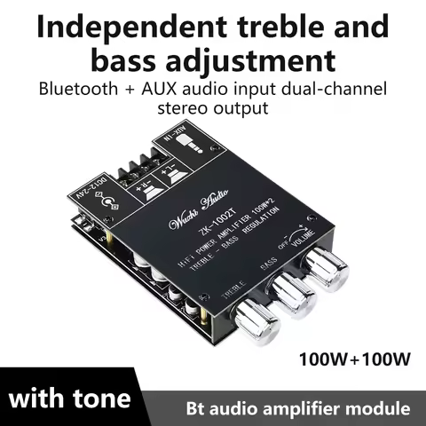ZK-1002T Bluetooth 5.0 HIFI 2.0 Channel Power Audio Stereo Amplifier Board 2*100W Module TREBLE Bass