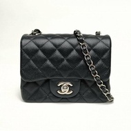 Chanel香奈兒 CF口蓋包方胖子黑色荔枝牛皮革20開銀扣肩背包