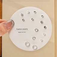 7 Pairs Diamond Heart & Circle Stud Earrings Set