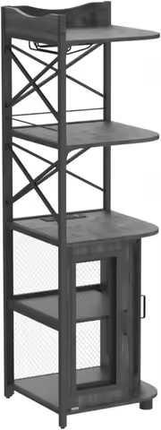 %a Corner Bar Cabinet with Power Outlet, Industrial Wine Cabinet with LED Strip and Glass Holder, 5-